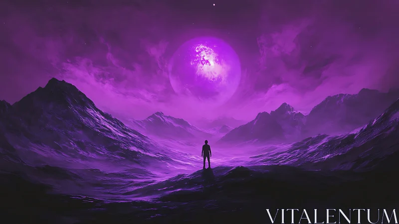Digital painting of lone figure beneath luminous violet moon.