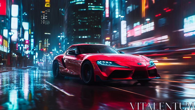 Cyberpunk street racer in neon-soaked night cityscape composition.