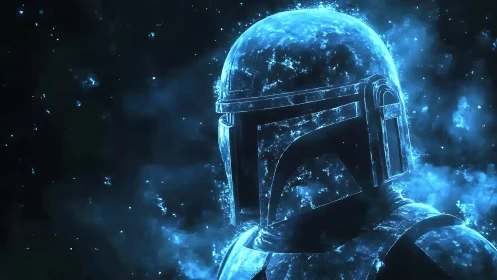 Luminous space warrior helmet glowing in swirling stardust.