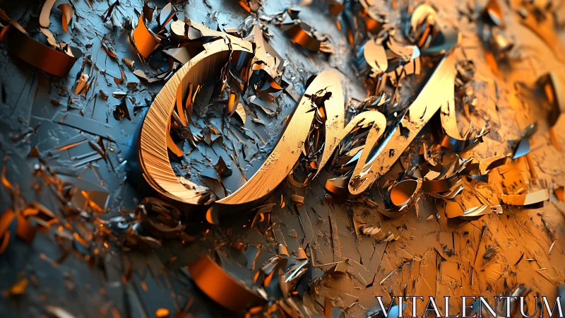 3D metallic script logo in fragmented relief composition.