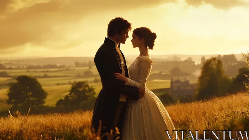 Golden Hour Romance: Period Figures Against Pastoral Landscape.