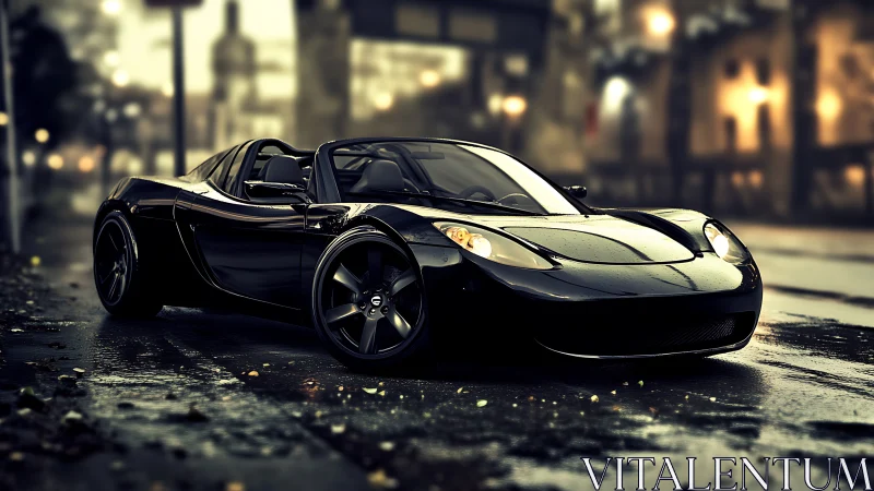Sleek black sports car waits on a rain-soaked city street