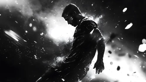 Shadow striker carved from light in explosive motion storm.