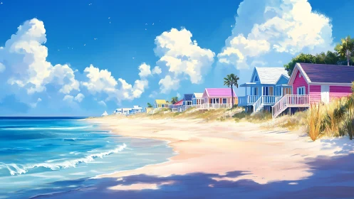 Colorful beach cottages under a bright, sunlit sky.