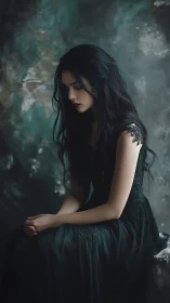 Melancholic young woman in teal dress rendered as digital painting