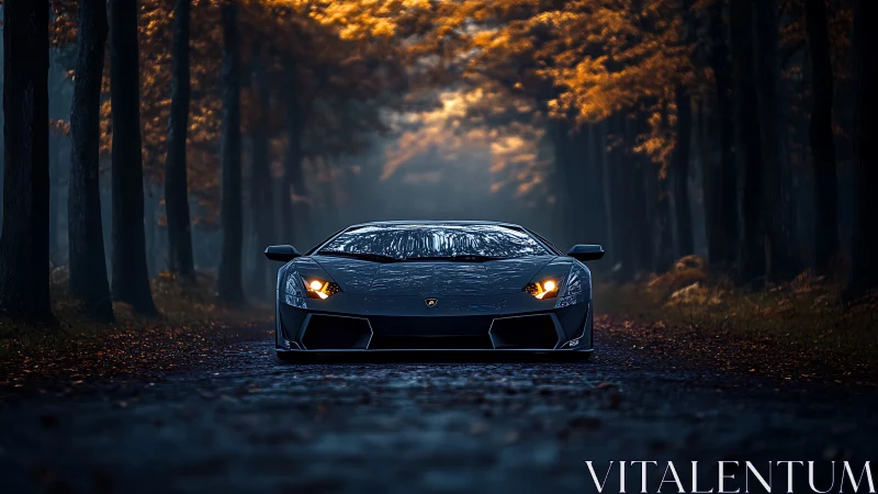 Midnight supercar paused beneath a glowing autumn canopy.
