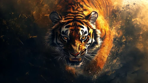 Tiger firestorm charges forward through swirling embers and ash