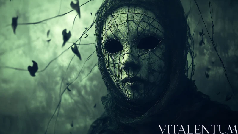 Masked forest wraith stares forward in cracked silence