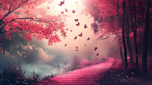 Butterflies above pink forest path in diffuse morning haze.