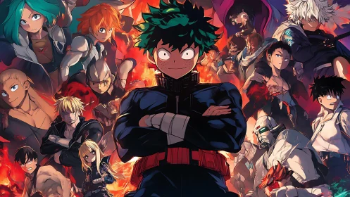 Heroic green-haired student ignites amid blazing anime rivals.