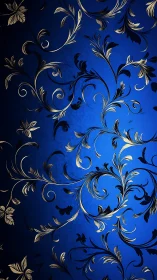 Gold baroque floral scrollwork curves over deep blue background