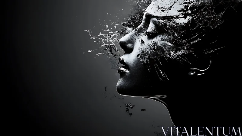 Monochrome profile dissolves into fluid particulate abstraction