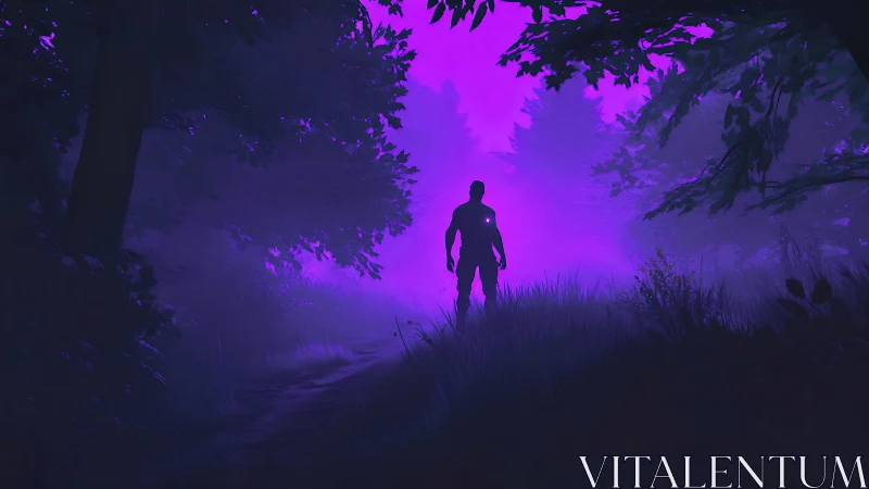 Midnight wanderer steps into neon-purple forest glow