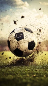 Soccer ball impacts wet grass and launches soil into the air