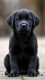Front-facing portrait of black Labrador puppy on wood deck