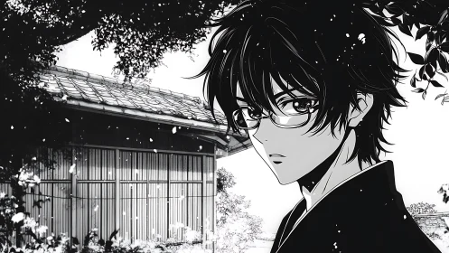 Melancholic anime boy stands by a quiet traditional house.