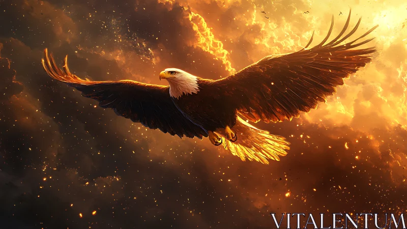 Majestic bald eagle soaring through fiery sunset skies, digital art.