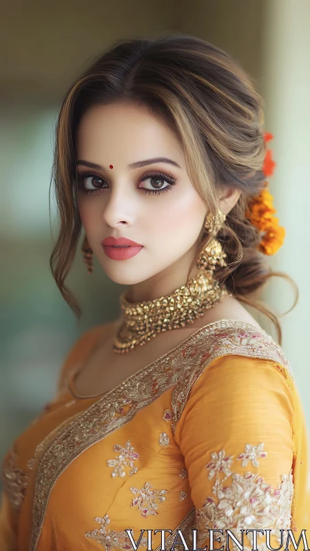 Portrait of woman in mustard embroidered saree and jewelry.