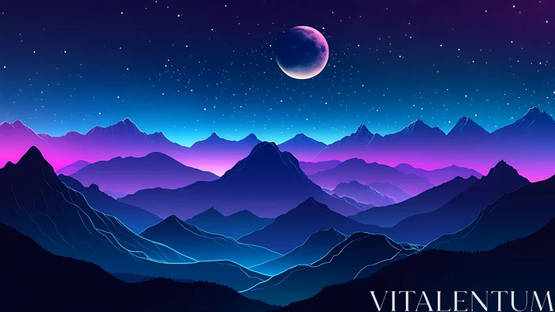 Neon moonlit mountains rise under starry indigo gradient sky