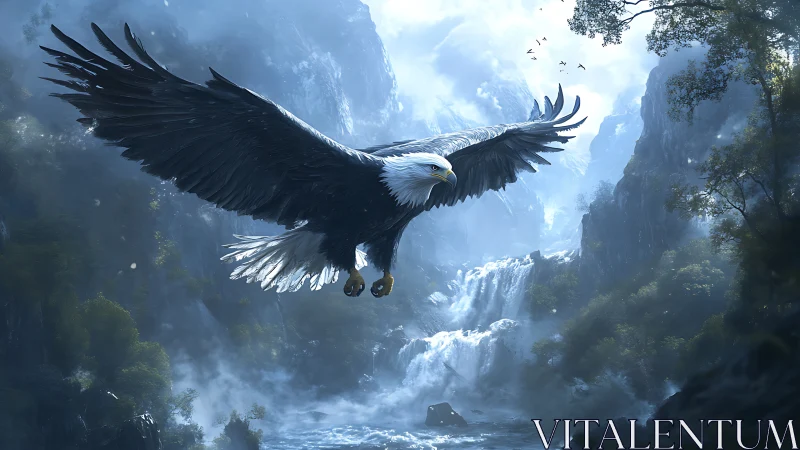 Majestic Bald Eagle Soaring Over Waterfall in Misty Mountain Landscape.