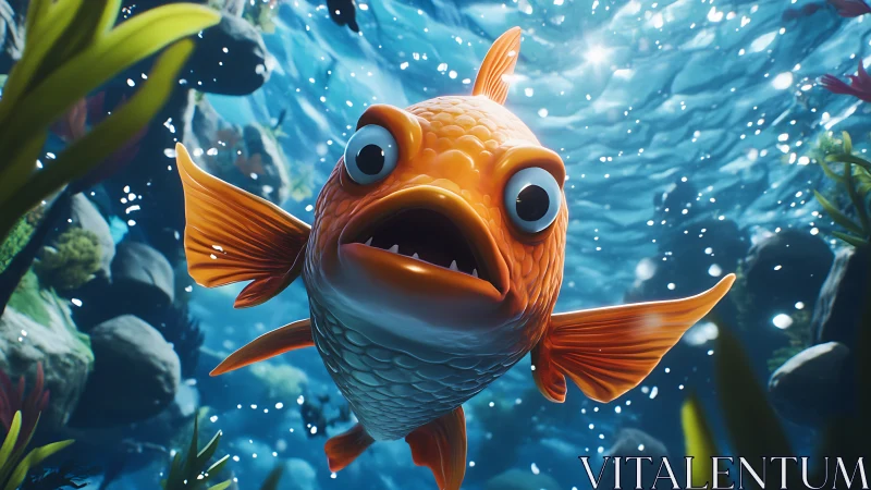 3D stylized goldfish portrait in dynamic underwater close-up.