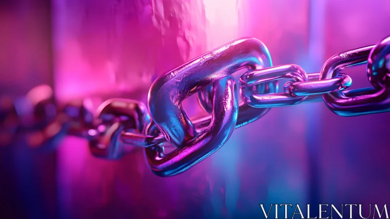 Close-up of metal chain links in neon purple and blue lighting.