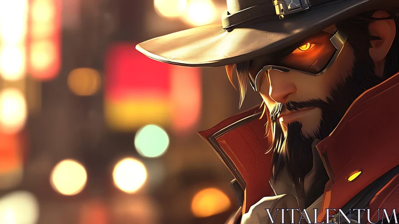 Futuristic gunslinger with glowing eyes in neon city night