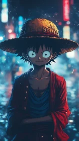 Straw hat youth in neon city rain, cinematic anime portrait.