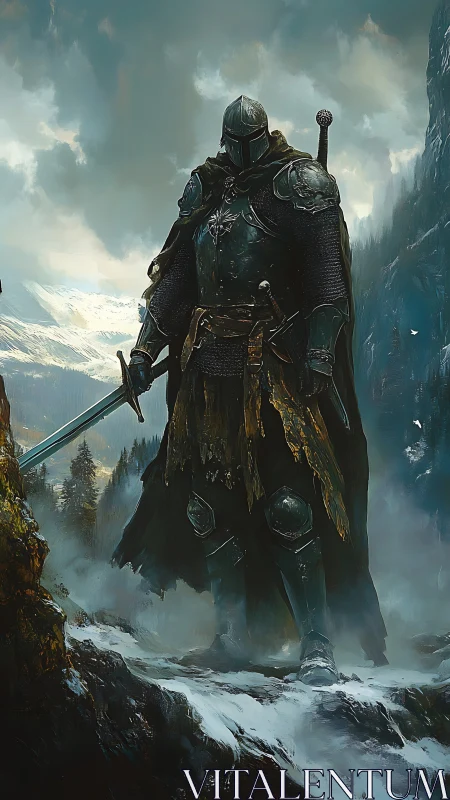 Armored knight stands in misty alpine pass with layered weathered steel
