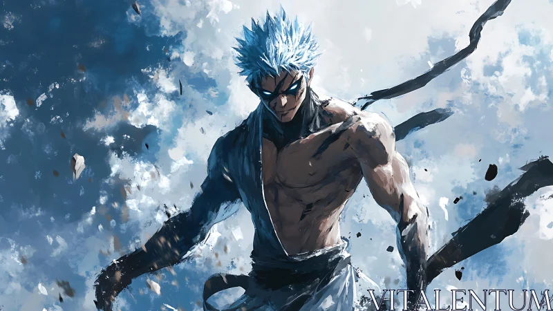 Ice-haired warrior strides through shattering storm sky.