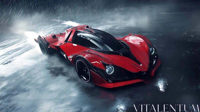 Aerodynamic red hypercar drifts on wet asphalt under dynamic rain