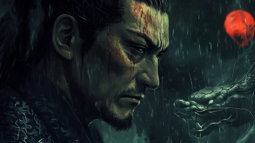Profile view depicts wounded samurai and spectral dragon in rain