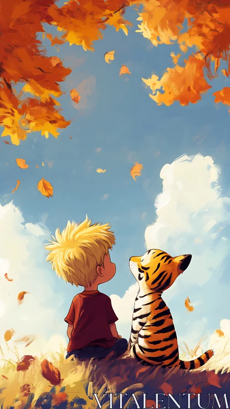 Boy and tiger gaze at drifting autumn leaves under sky.