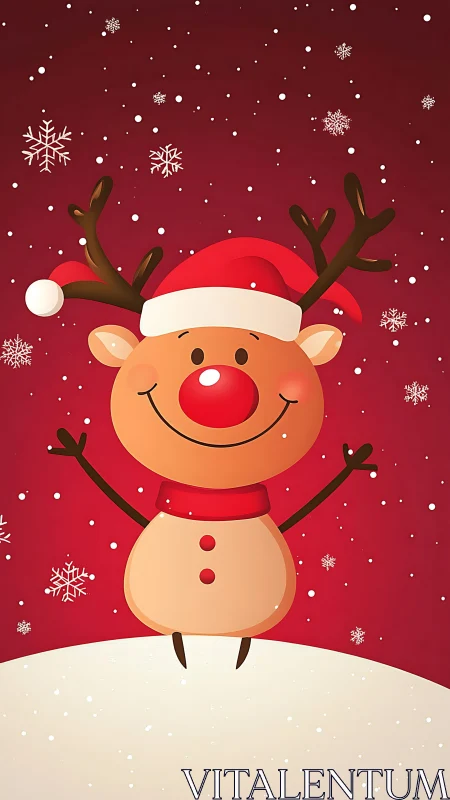 Cartoon reindeer in Santa hat on red snowy background.