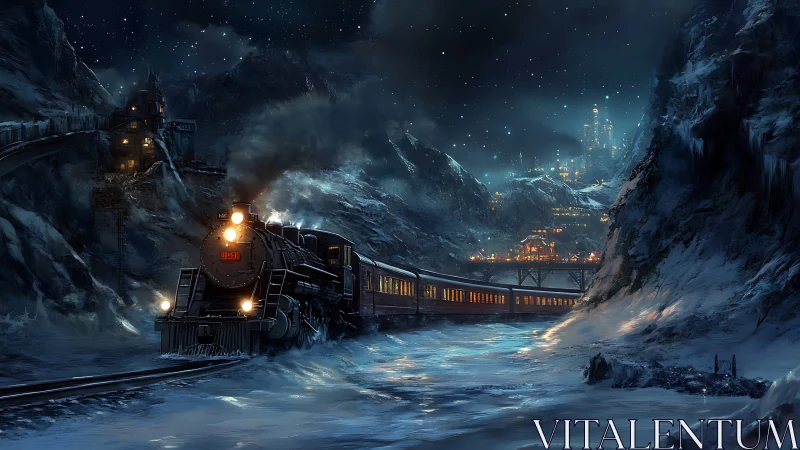 Steam locomotive crosses snowy gorge toward luminous winter city
