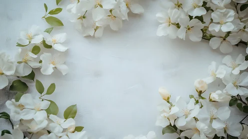 White blossoms arranged on pale wooden surface with green foliage