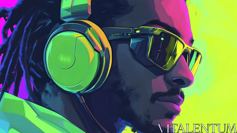 Neon cyber portrait with reflective visor and headphones.