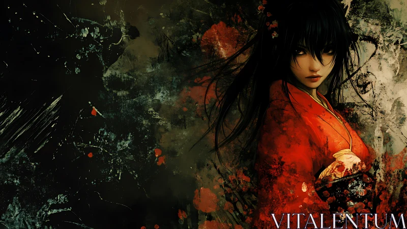 Digital portrait depicts woman in red garment in abstract field