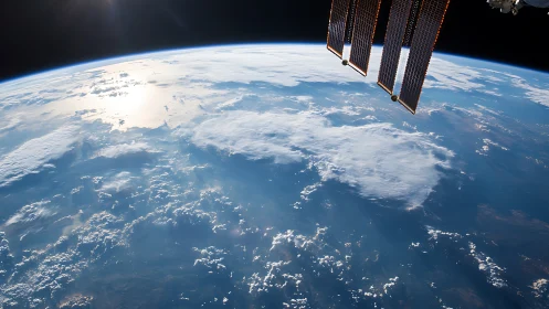 Low Earth orbit vista with ISS solar arrays over blue horizon.