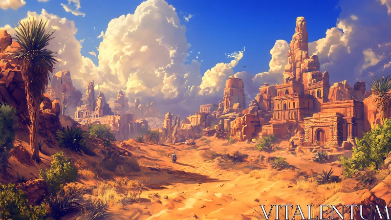 Sunlit desert ruins with distant rider under vast clouds.