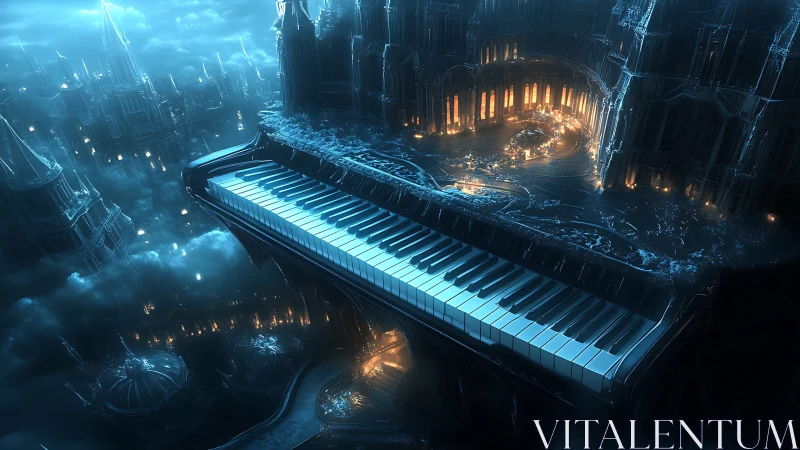 Futuristic grand piano merged with luminous cityscape.