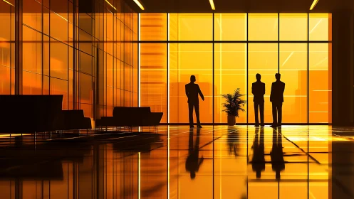 Business professionals silhouetted in illuminated modern office interior at dusk