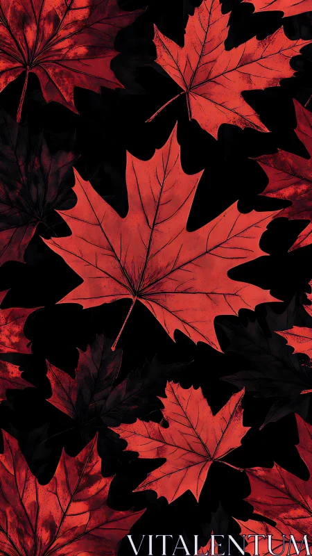 Red maple leaves are arranged over a dense black background