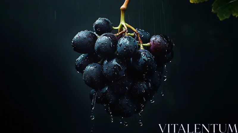 Moody close-up captures rain-soaked black grape cluster.