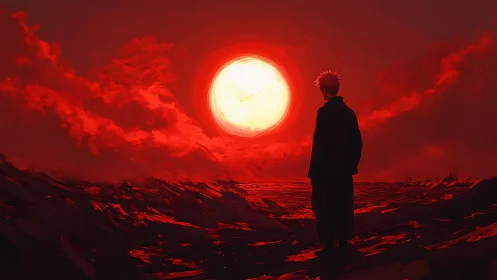 Quiet figure beneath a blazing red dream-sun horizon.