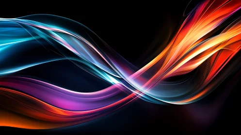 Curved multicolor light ribbons on dark digital background.
