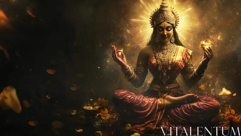 Divine female deity in lotus pose with radiant volumetric lighting