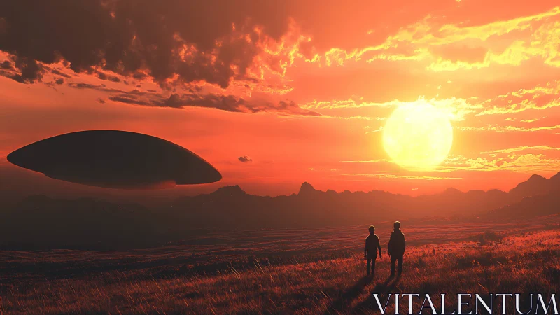 Sunlit wanderers share a quiet moment with a distant starship