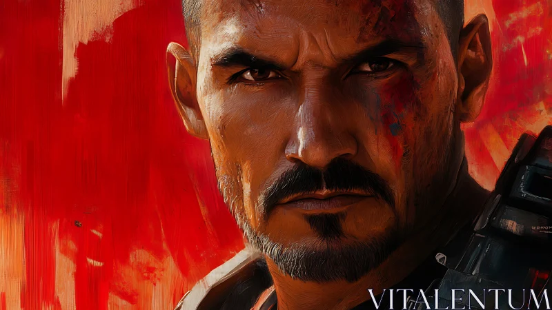 Battle-scarred warrior stares ahead against blazing red backdrop.