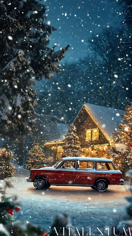 Vintage red wagon arrives at a glowing snowy cabin.